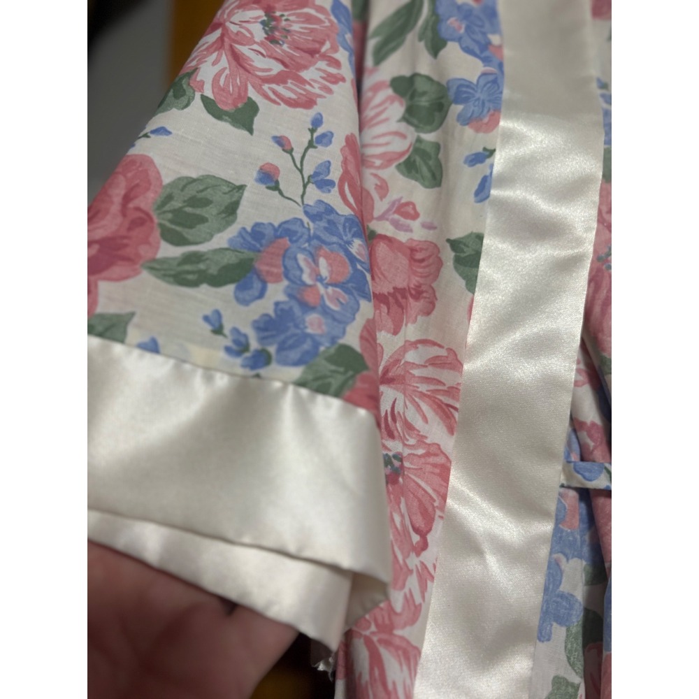 Vintage Floral Robe Satin Trimmed Loungewear Belted Pockets Women's Large L - Picture 9 of 11
